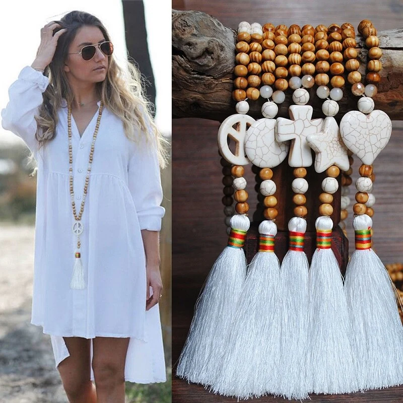 Bohemian linen dress pendant tassel sweater chain