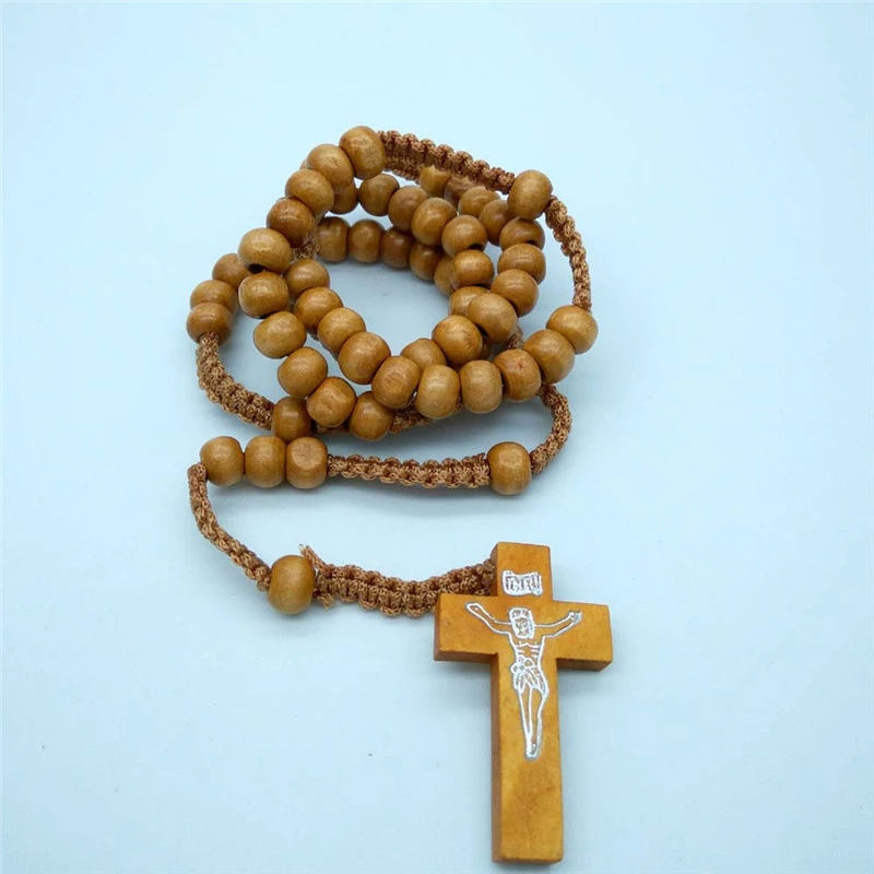 Wooden beads necklace religious cross