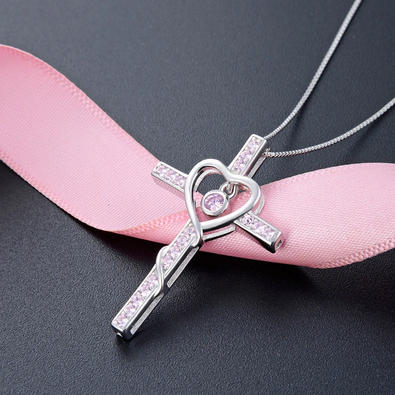 S925 Sterling Silver Ladies Inlaid Zircon Cross Pendant Necklace