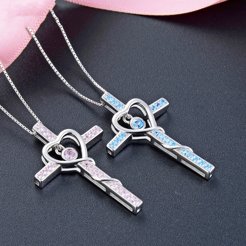 S925 Sterling Silver Ladies Inlaid Zircon Cross Pendant Necklace