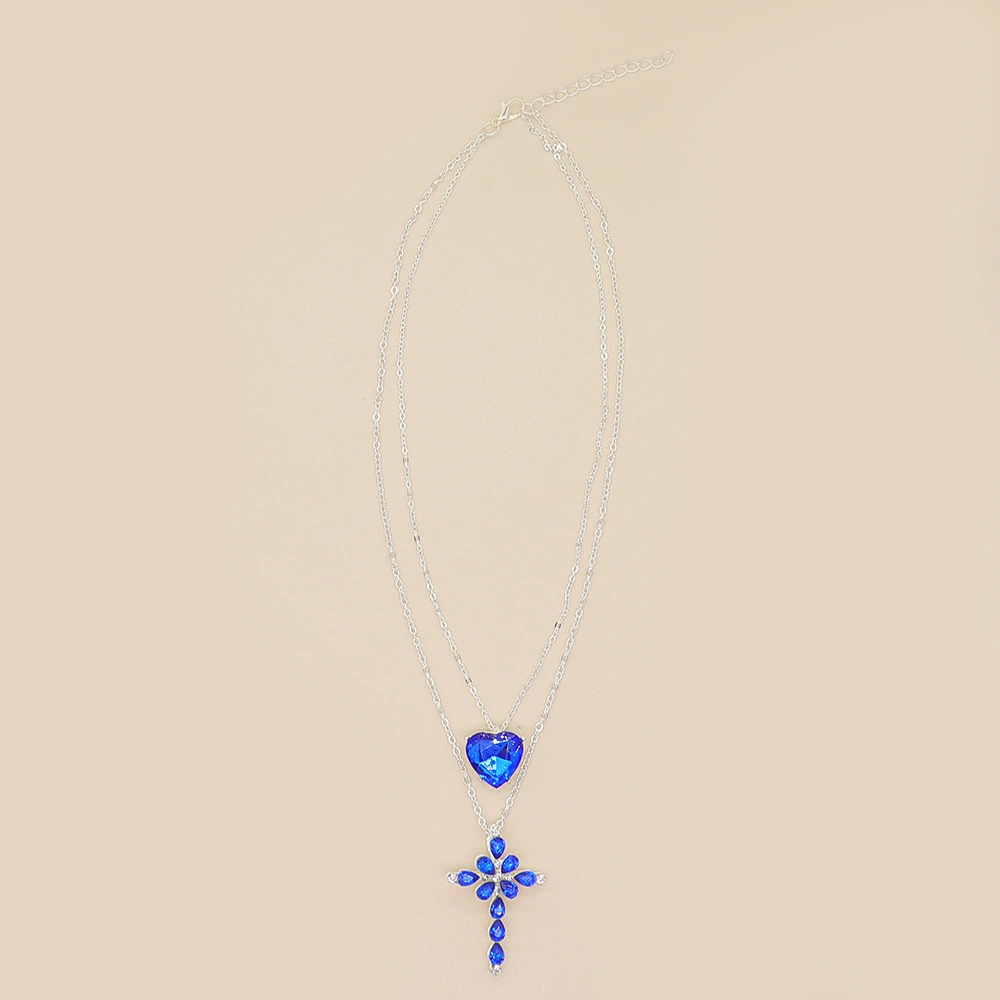 Ocean Heart Blue Crystal Rhinestone Double Necklace