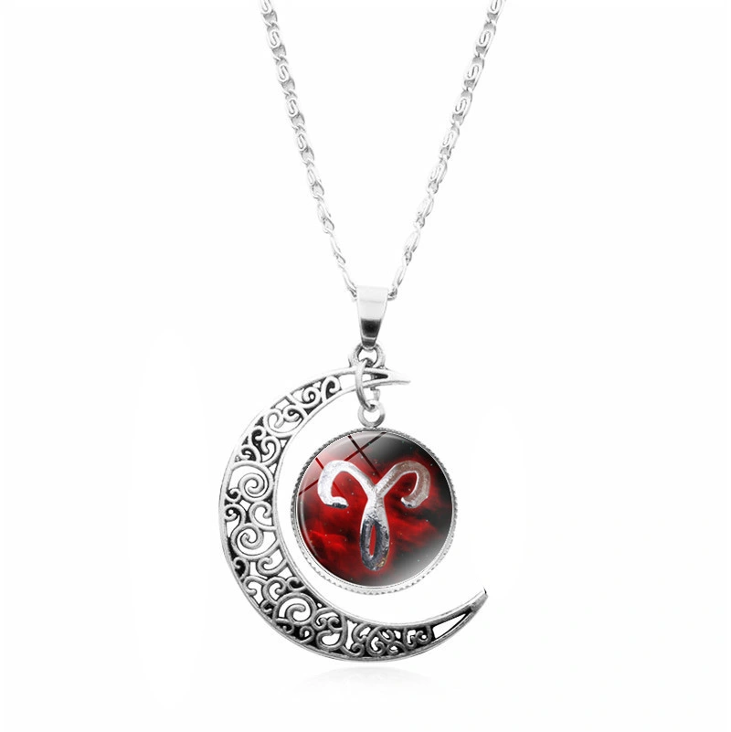 Twelve constellation time gem half moon necklace