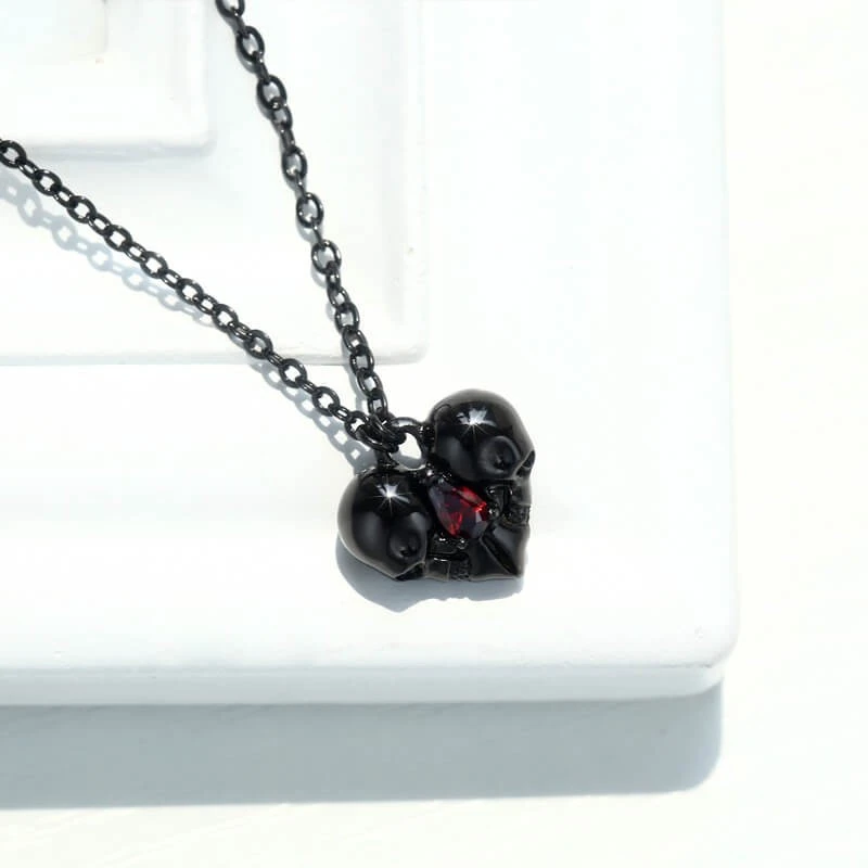 Double skull love heart pendant necklace