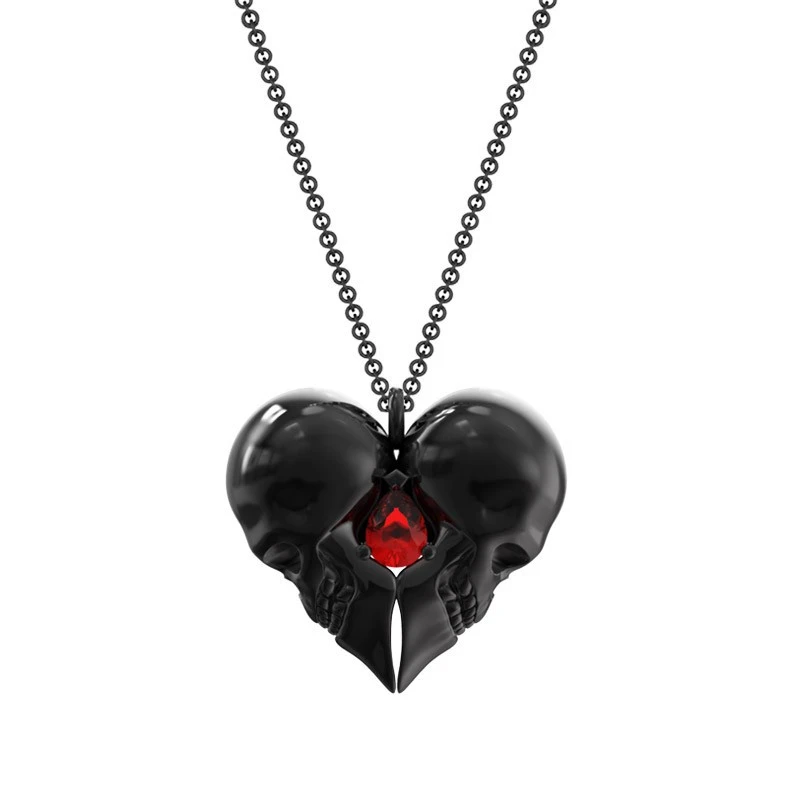 Double skull love heart pendant necklace