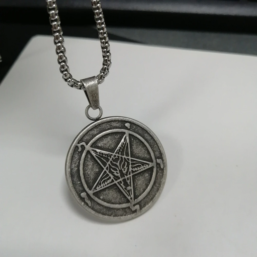 Stainless steel satan symbol round medal pendant necklace