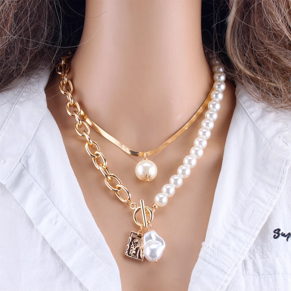 Copper snake chain baroque pearl necklace