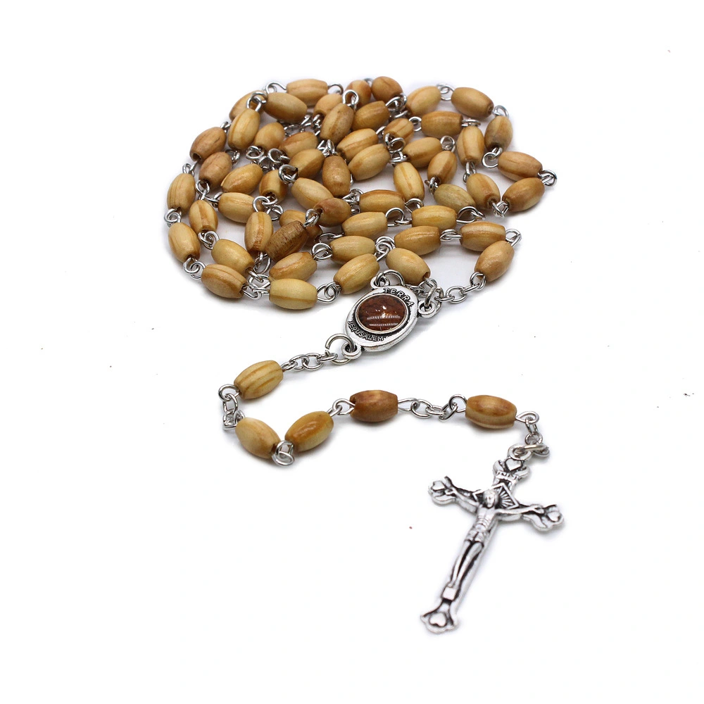 Wooden rice beads rosary cross necklace