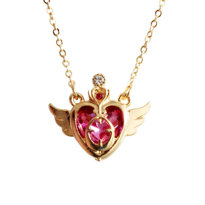 Metal Peach Heart Gem Crown Necklace