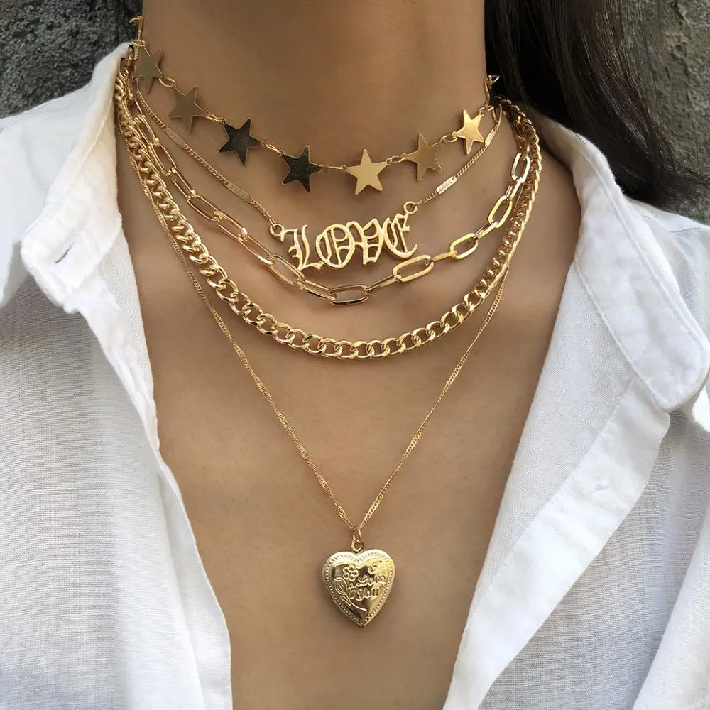 Vintage Multi-Layered Love Heart Boho Pendant Choker Necklace