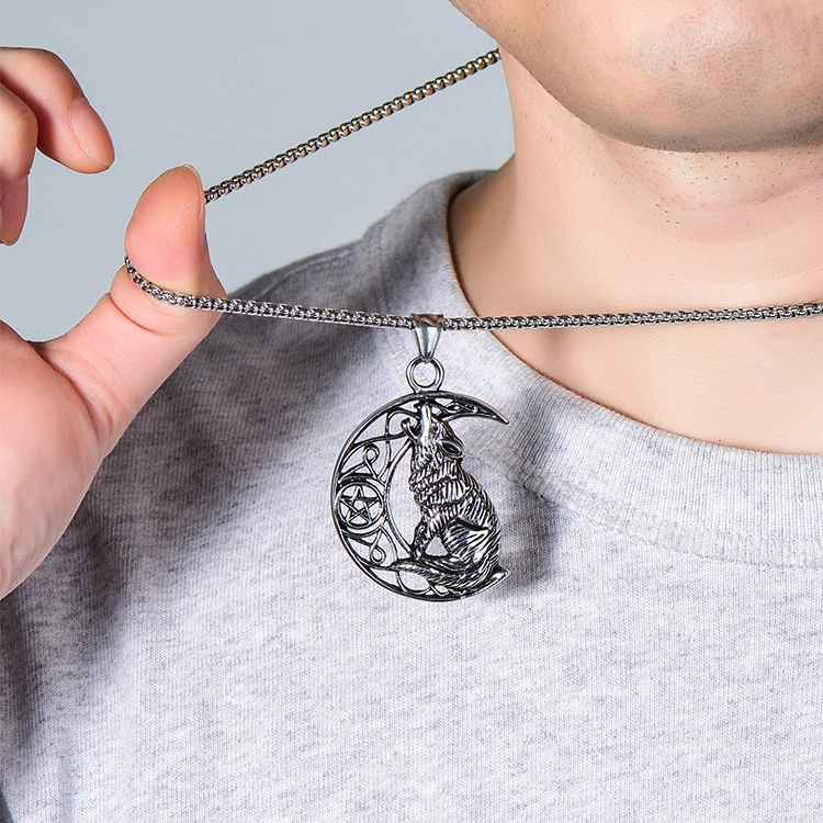 Wolf On The Moon Pendant Necklace In Stainless Steel