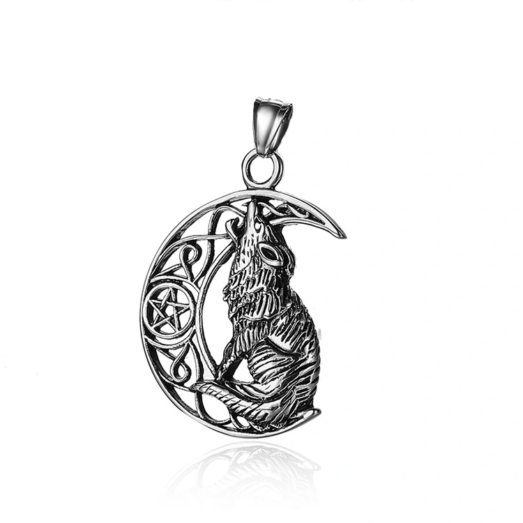 Wolf On The Moon Pendant Necklace In Stainless Steel