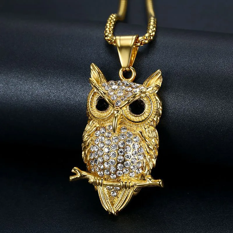 Titanium steel gold plated diamond owl pendant necklace