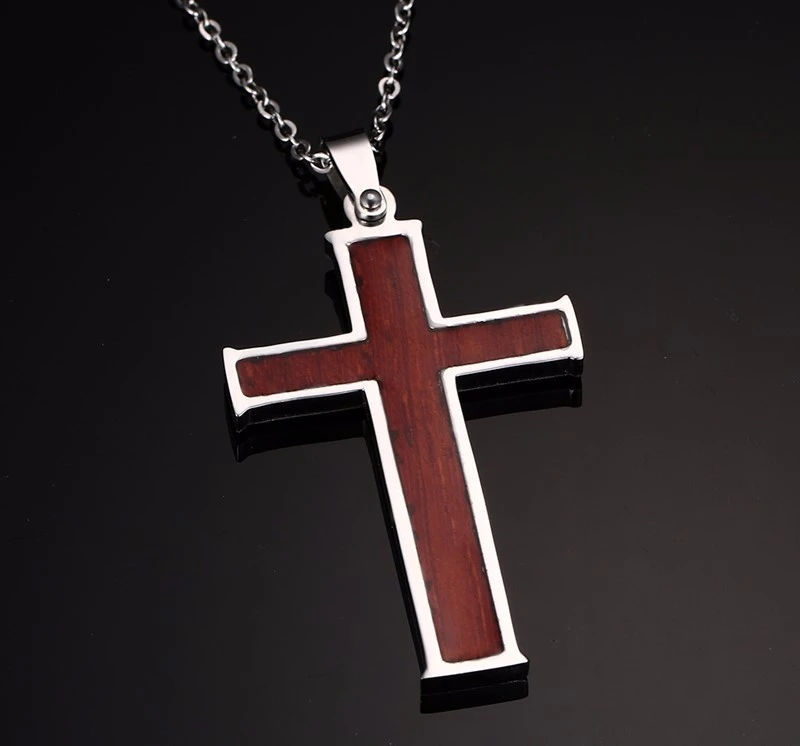 Inlaid wood grain cross necklace
