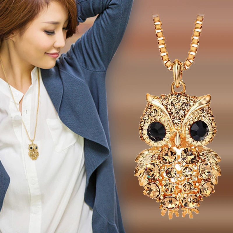 Owl full diamond alloy pendant long sweater necklace