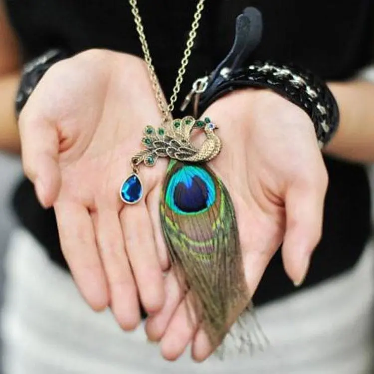 Fashion street sweater chain peacock feather long necklace