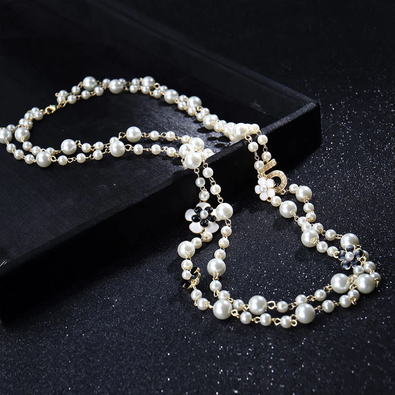 Fashion Long Pendants Layered Camellia Pearl Necklace