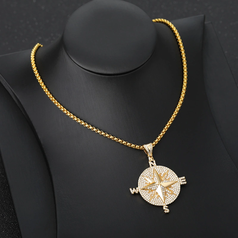 Compass zircon pendant necklace stainless steel bead chain men and women