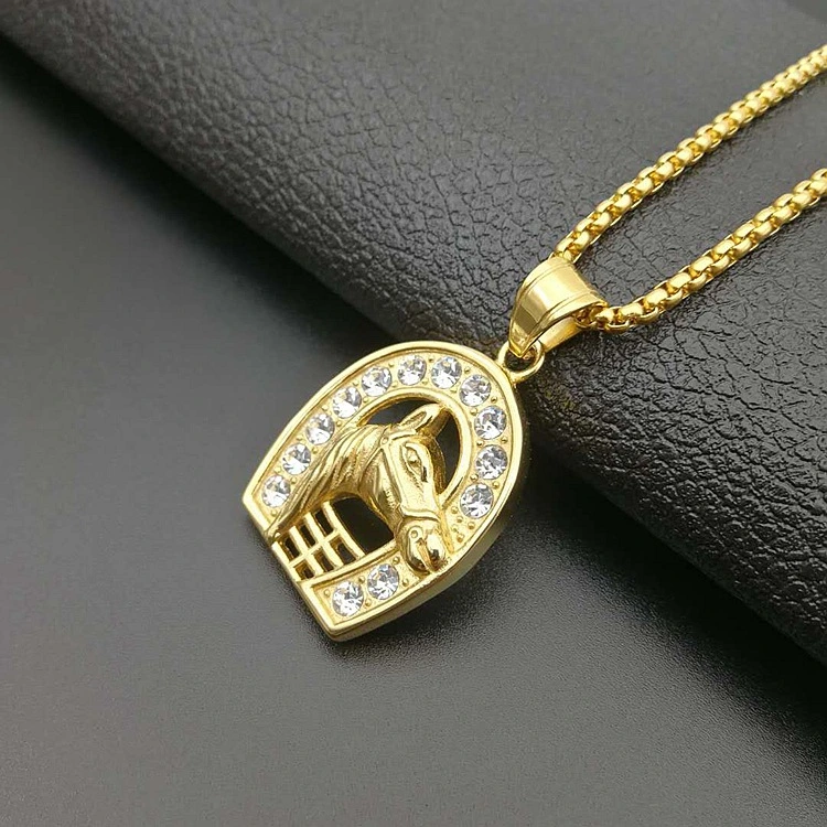 Titanium steel gold-plated diamond gold horse head pendant