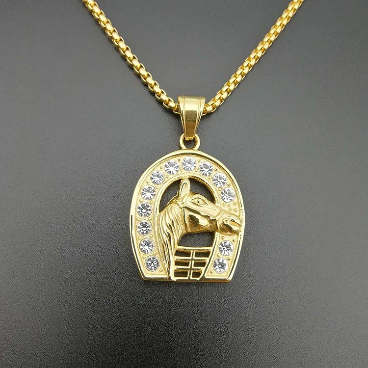 Titanium steel gold-plated diamond gold horse head pendant