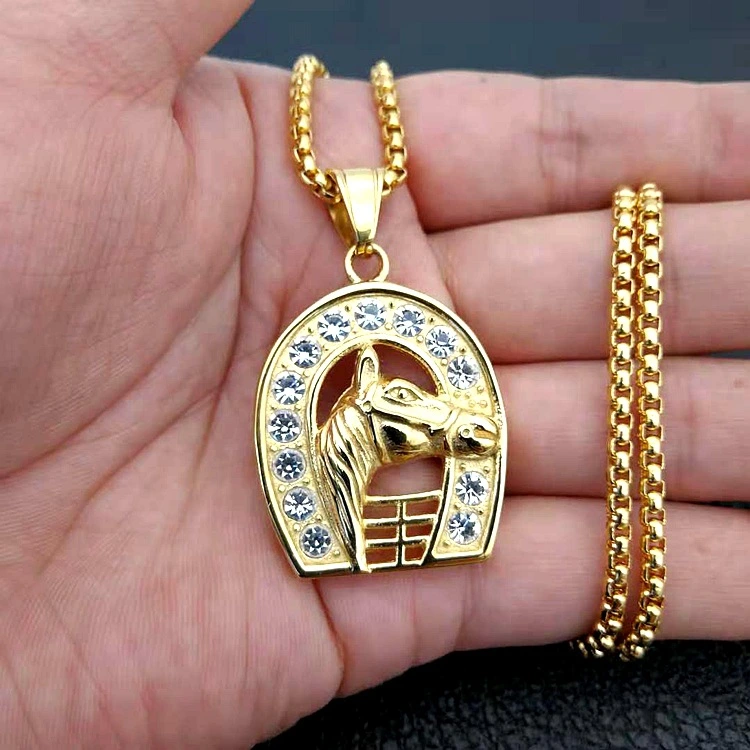 Titanium steel gold-plated diamond gold horse head pendant