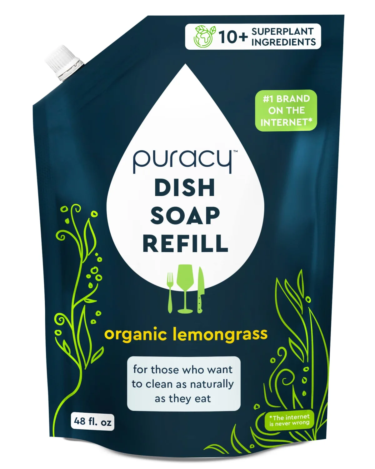 Puracy Natural Dish Soap Refill - Skin-Softening Plant-Based Liquid Dishwashing Detergent Soap, Clean-Rinsing Water-Sheeting Formula (Organic Lemongrass, 48 fl oz)