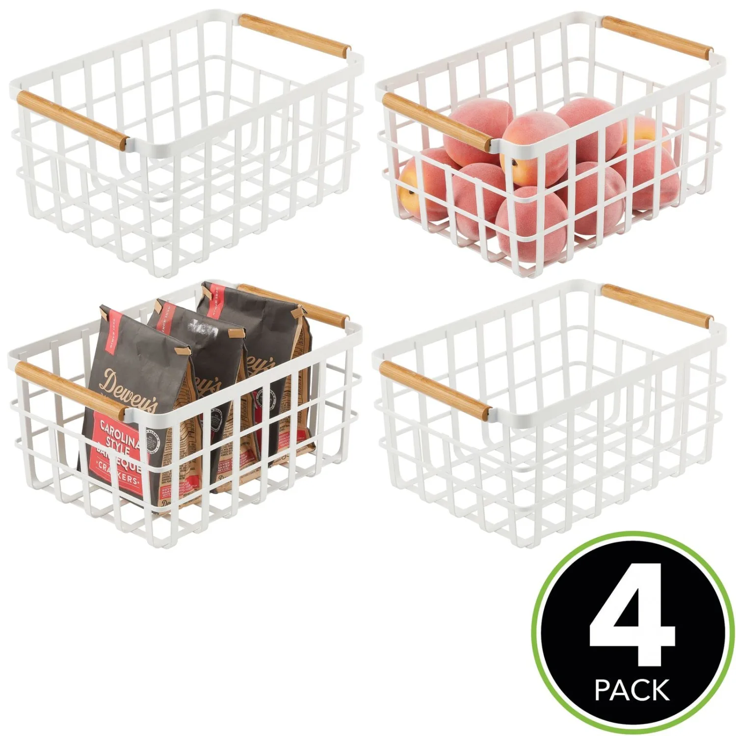 mDesign Metal Wire Food Organizer Storage Bin Basket with Bamboo Handles for Kitchen Cabinets/Pantry Organizing - Farmhouse Decor - Yami Collection - 4 Pack - Matte White/Natural