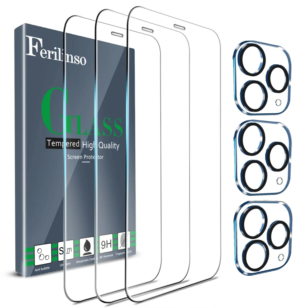 Ferilinso [6 Pack] 3 Pack Tempered Glass Screen Protector + 3 Pack Camera Lens Protector for iPhone 11 Pro Max (6.5''), HD Clarity 9H Glass Screen Protector