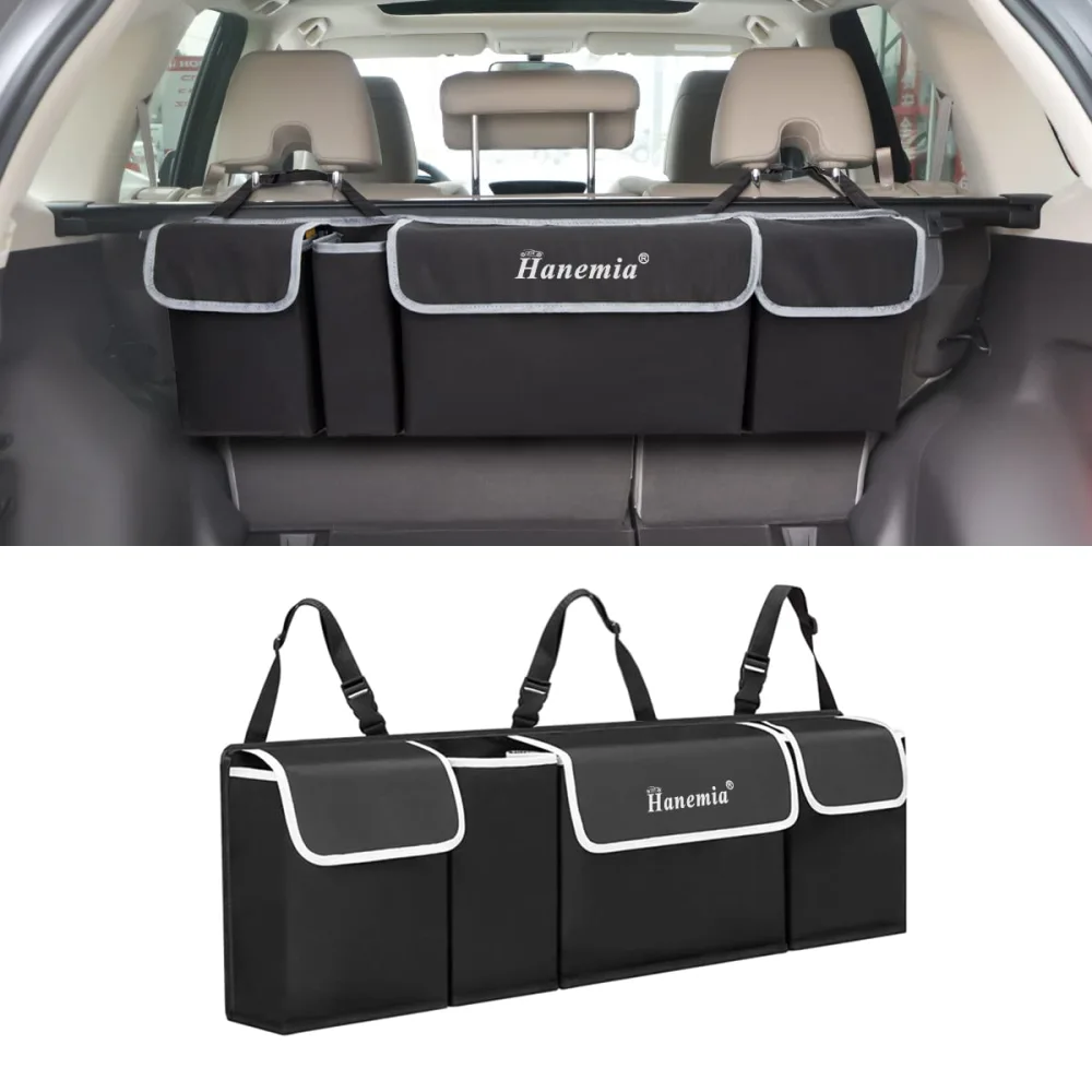 Car Trunk Organizer and Storage, Backseat Hanging Organizer for SUV, Truck, MPV, Waterproof, Collapsible Cargo Storage Bag with 4 Pockets, Car Interior Accessories for Men and Women (Black)