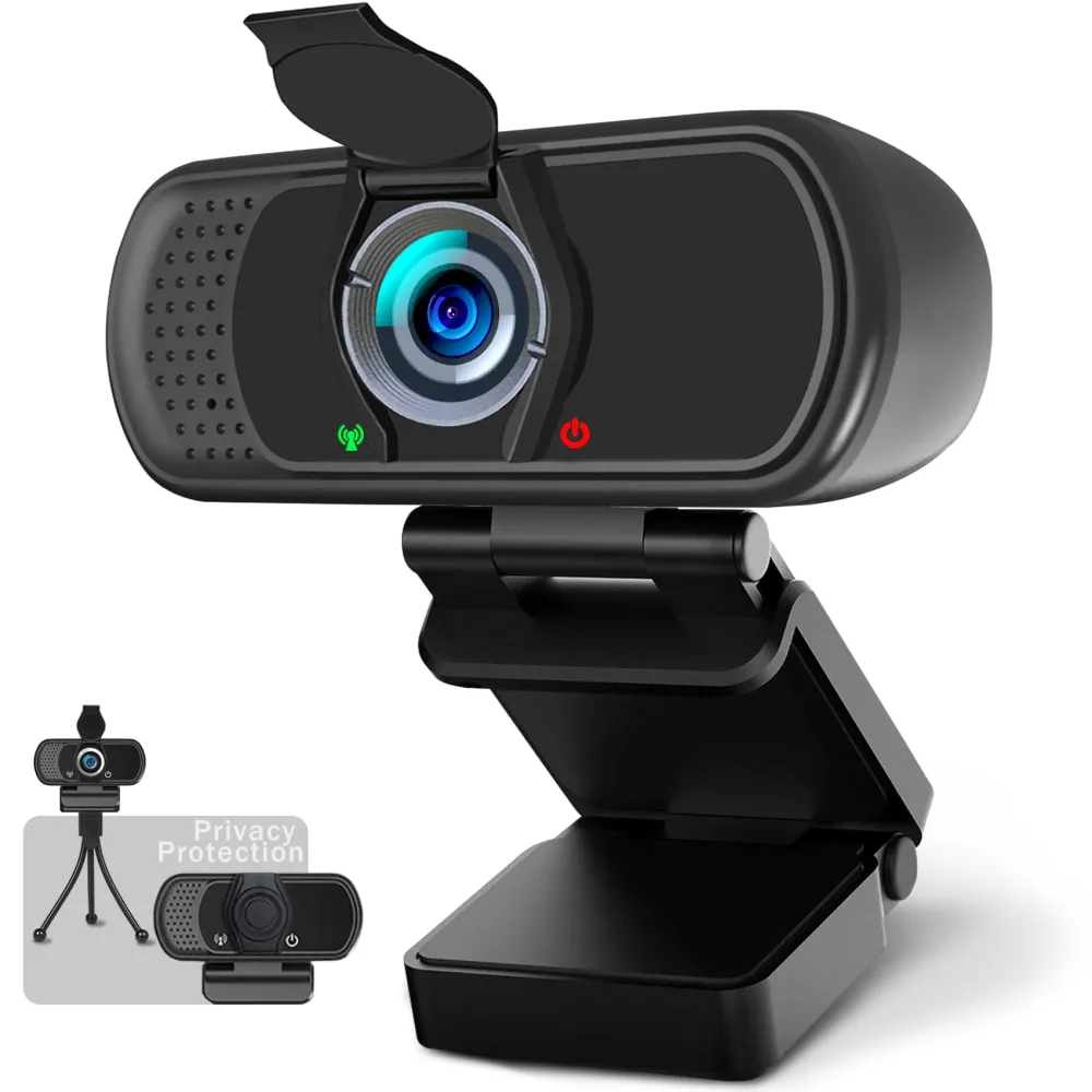 Webcam 1080p, Web Cam with Microphone, Tripod and Privacy Cover, USB Web Camera 110°Wide View, Plug and Play Computer Camera, Laptop Desktop PC Webcam for Conferencing Recording Game Streaming