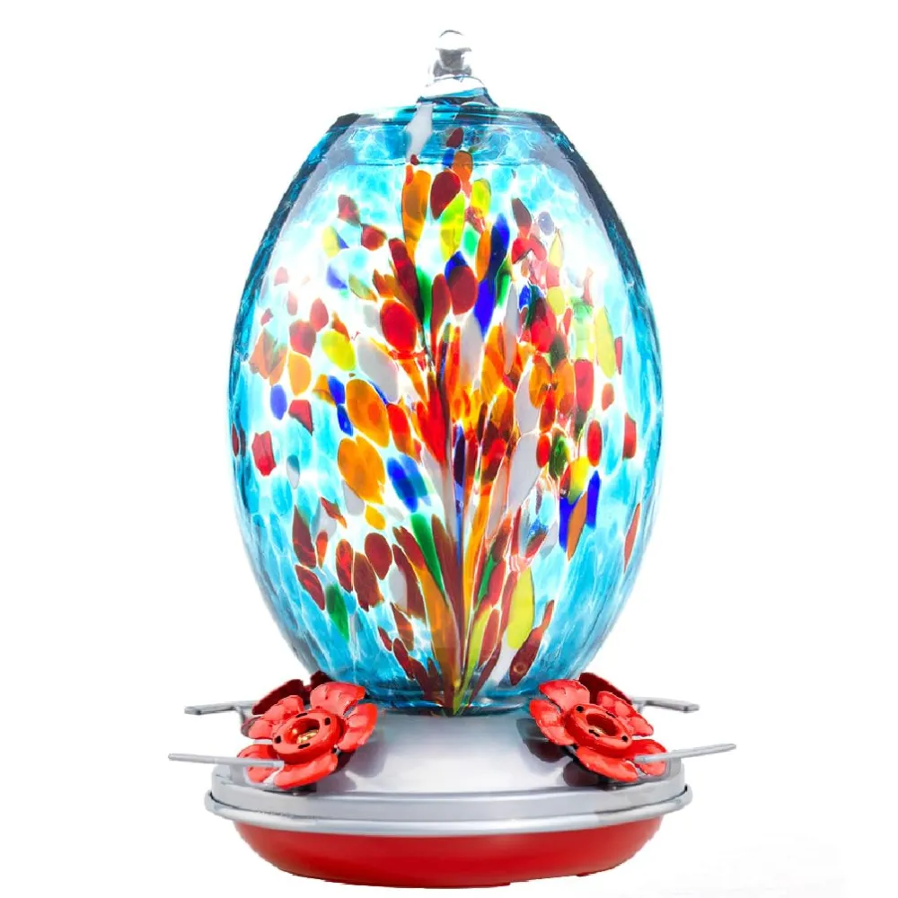 Muse Garden Glass Humming Bird Feeders for Outdoors - 27OZ Blown Glass Hummingbird Feeder - Unique Gift for Mom Women, Outdoors Hanging Garden Decor, Includes Ant Moat & Brush, Blue Fireworks