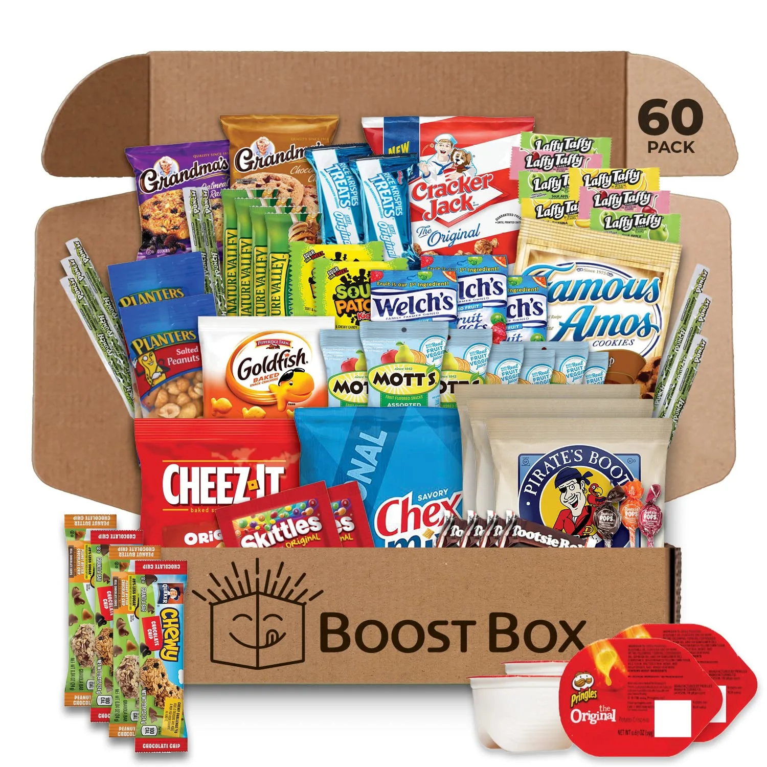 BOOST BOX (60 Count) Premium Snack Boxes, Care Packages & Gifts Baskets for Kids Variety Pack Mix Gift Sampler Chips Cookies Candy Treats Office Staff Military Adults Kids College Students Birthday Recognition