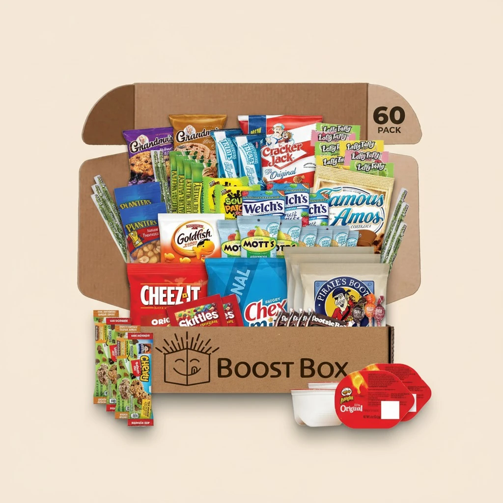 BOOST BOX (60 Count) Premium Snack Boxes, Care Packages & Gifts Baskets for Kids Variety Pack Mix Gift Sampler Chips Cookies Candy Treats Office Staff Military Adults Kids College Students Birthday Recognition