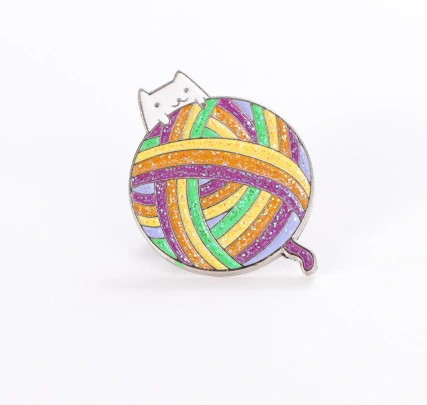 White Cat And Colorful Yarn Ball Glitter Brooch