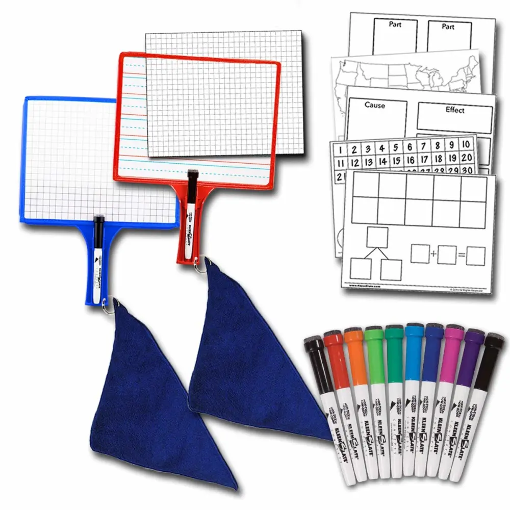 KleenSlate Home School Kit (2) 2-Sided Customizable Whiteboard with Clear Dry Erase Sleeve and 2 Dry Erase Markers & (1) Pack of 10 Assorted Color Markers & (1) Pack of Templates