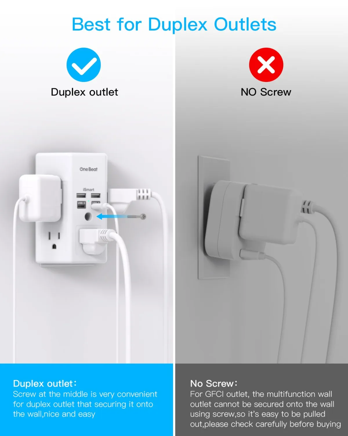 Surge Protector, 5 Outlets Extender with 4 USB Ports(USB C), 3-Side 1680J Power Strip Multi Plug Outlet Expander, USB Wall Charger, Outlet Splitter Adapter Wall Mount for Home Travel Office ETL Listed