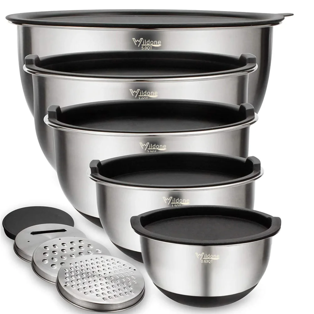 Wildone Mixing Bowls with Lids Set, 5PCS Stainless Steel Nesting Bowls with 3 Grater Attachments, Measurement Marks & Non-Slip Bottoms, Size 5, 3, 2, 1.5, 0.63 QT, Great for Mixing & Serving