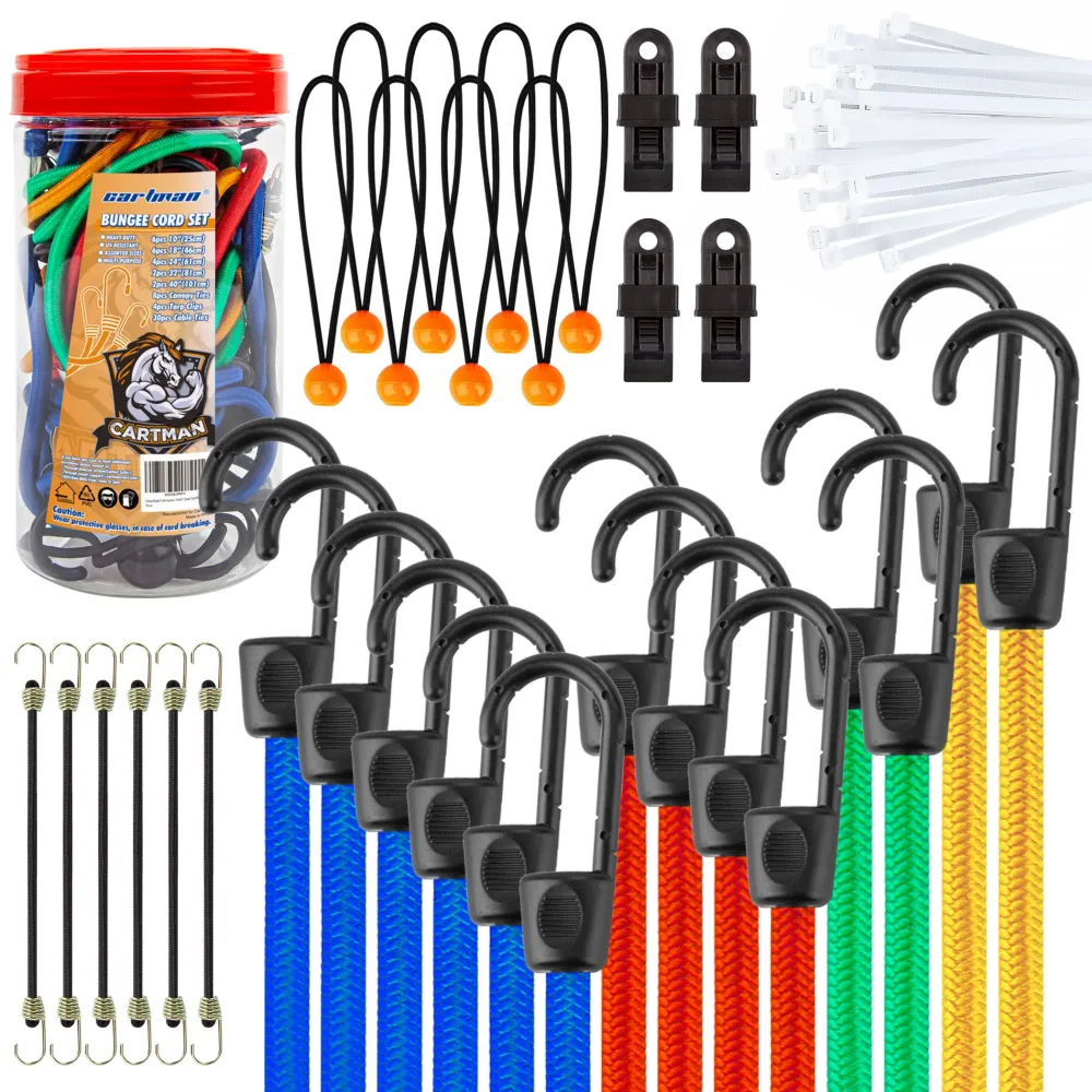 Cartman 32 Piece Bungee Cords Assortment Jar Includes 10" 18" 24" 32" 40" Bungee Cord with Hooks, 8" Canopy Tarp Ball Ties and Tarp Clips