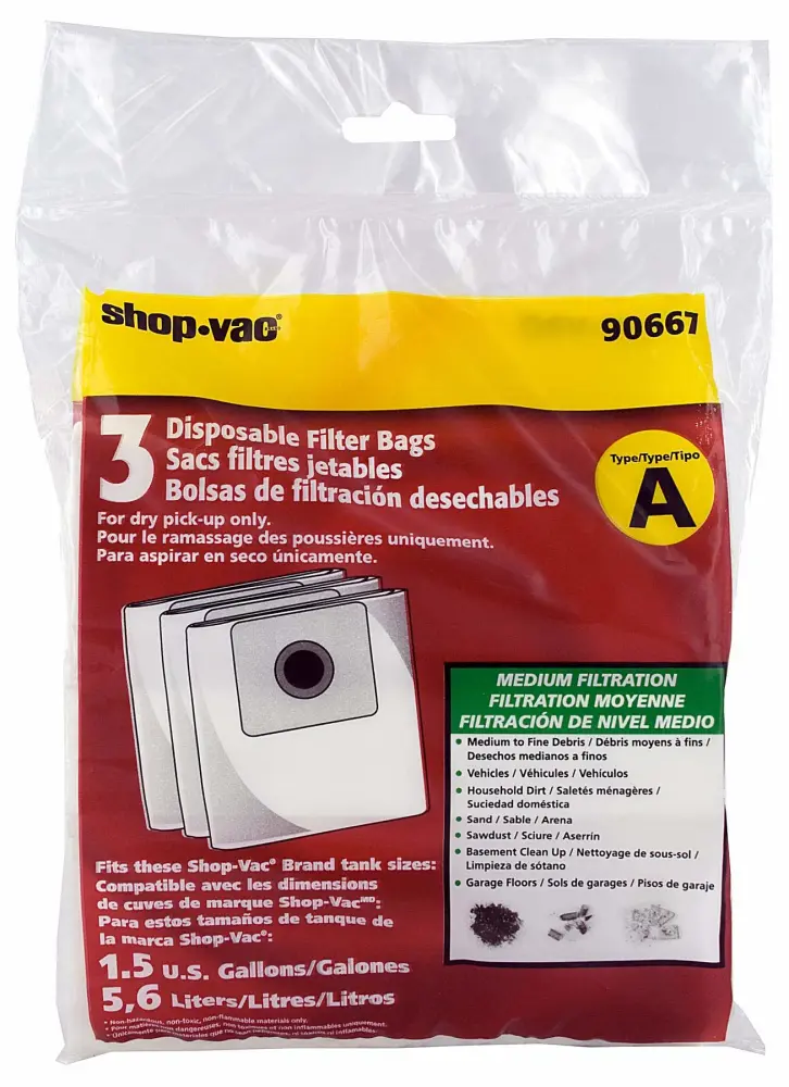 Shop-Vac 9066733 Disposable Filter Bags, Fits 1-1.5 Gallon Tanks, Dry Pick Up Only, White, (3-Pack)