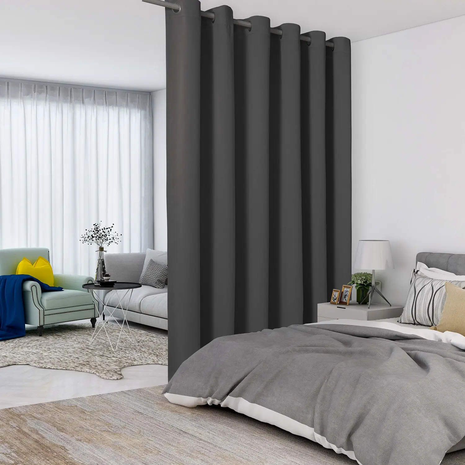 LORDTEX Dark Grey Room Divider Curtains - Total Privacy Wall Screens Sound Proof Wide Blackout Curtain for Living Room Bedroom Patio Sliding Door, 1 Panel, 8.3ft Wide x 7ft Tall