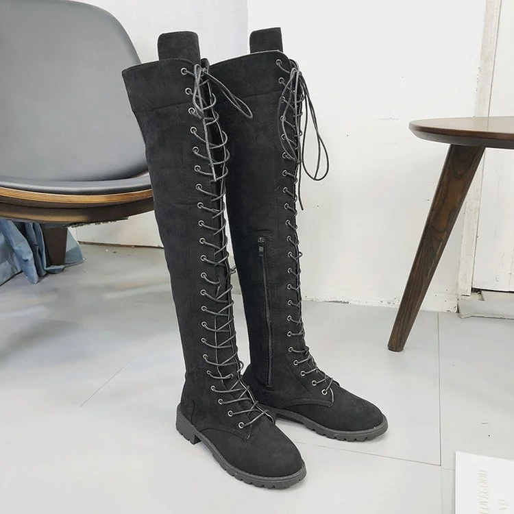 Lace-up Over-the-knee Flat Boots Women's Shoes