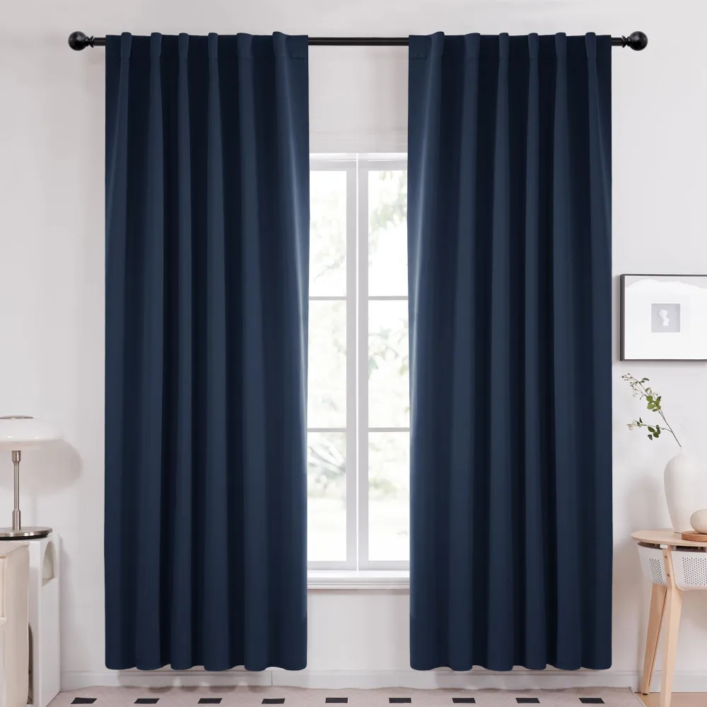 Deconovo Solid Back Tab and Rod Pocket Curtains Blackout Curtains Thermal Insulated Drapes Room Darkening Curtains for Living Room 52Wx84L Inch Navy Blue 2 Panels