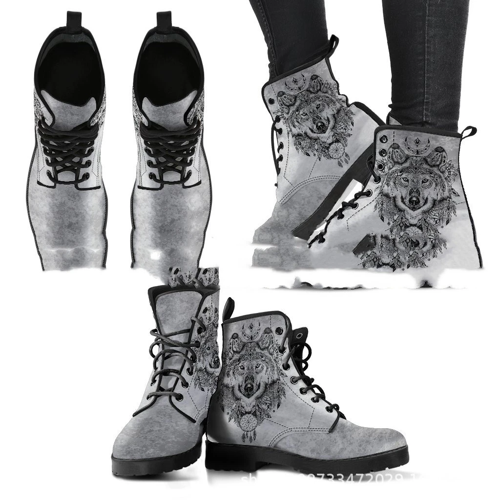 Digital Printed Autumn And Winter Women's High-top Skull Pattern Martin Boots