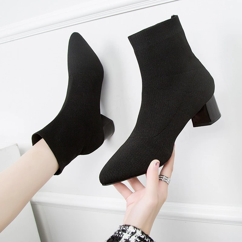 Stretch Boots Women's Mid-heel Pointed Knit Socks Shoes