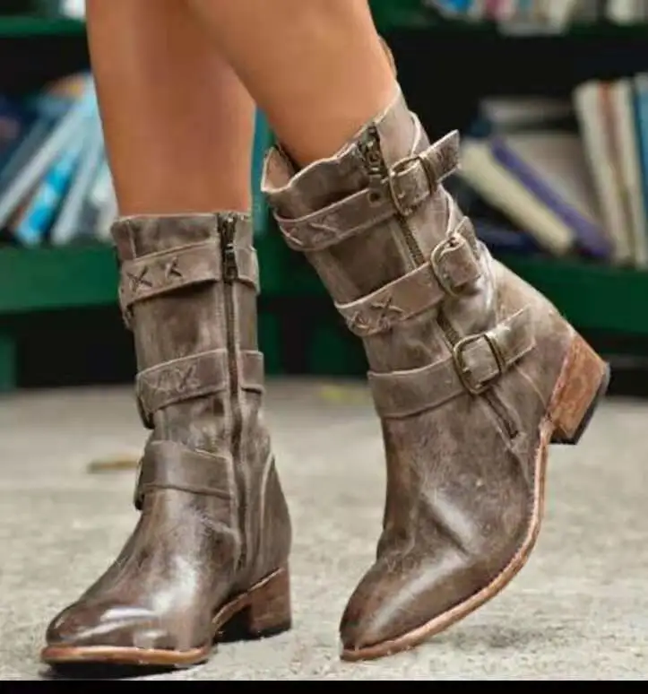 Retro square heel belt buckle motorcycle boots