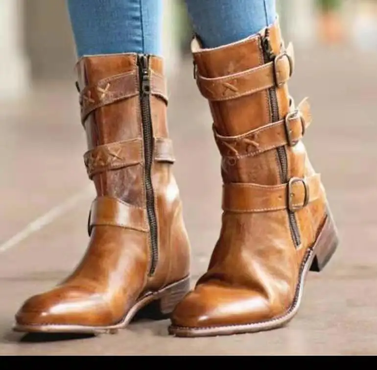 Retro square heel belt buckle motorcycle boots