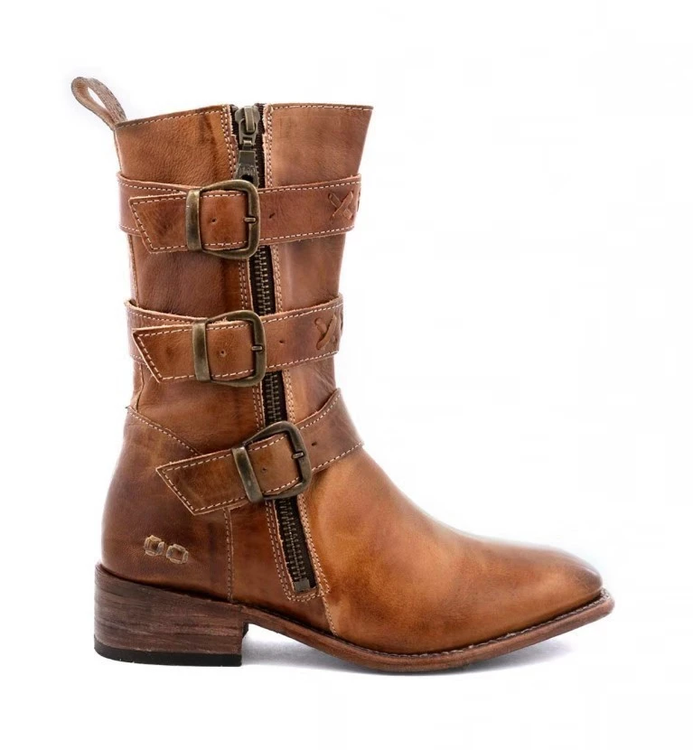 Retro square heel belt buckle motorcycle boots