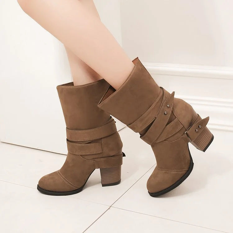 Large Size Thick Heel Belt Buckle Middle Tube Women's Boots