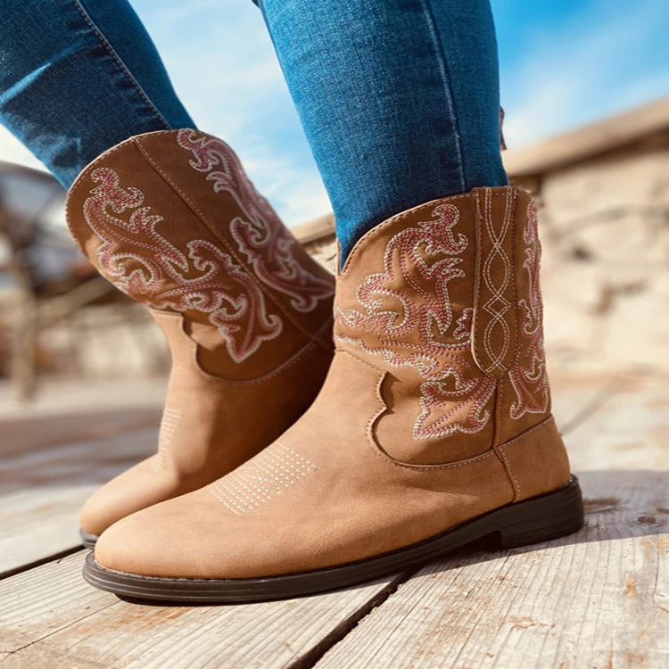 Short boots round head embroidered fashion boots