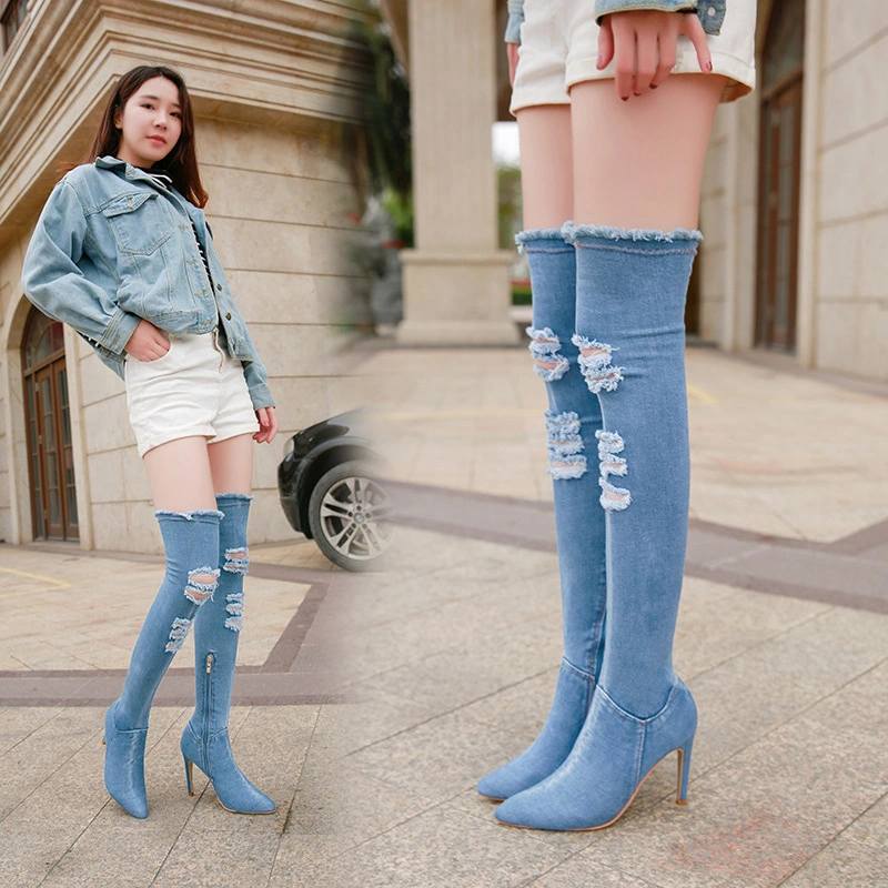 Denim high - barrel elastic boots