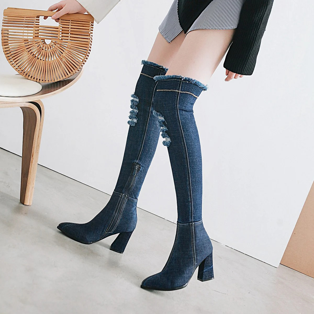 Denim pointed toe women's boots
